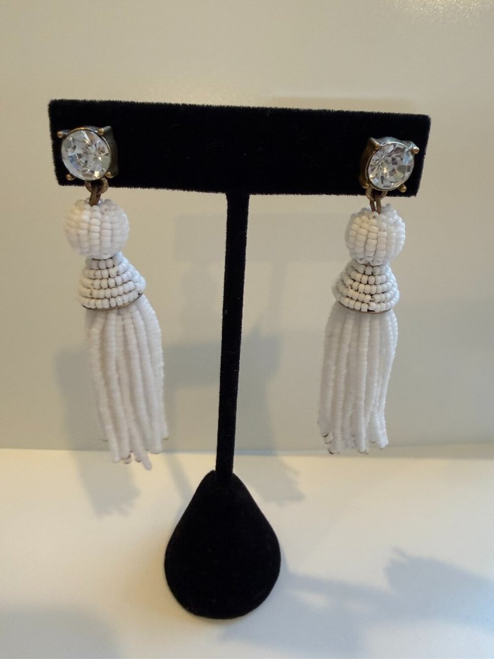 White Beaded Tassel Statement Earrings Rhinestone Crystal Post Pierced Drop